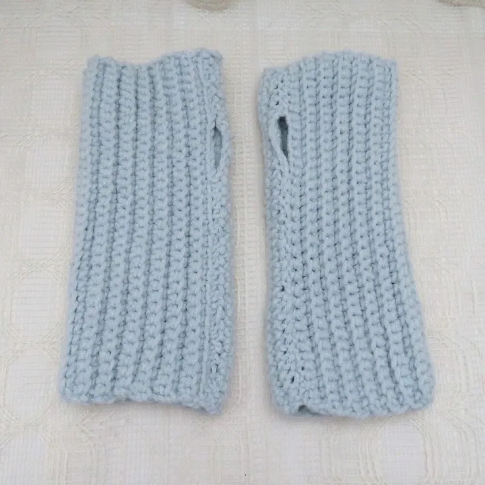 Handmade Crocheted Fingerless Gloves, Pale Aqua Acrylic Mittens for Women